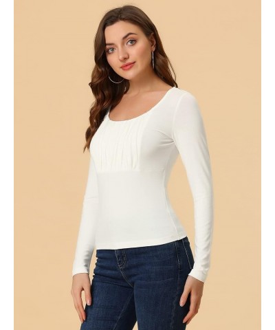 Women's Scoop Neck Long Sleeves Solid Bust Ruched Casual Fitted Top Beige $13.92 Blouses