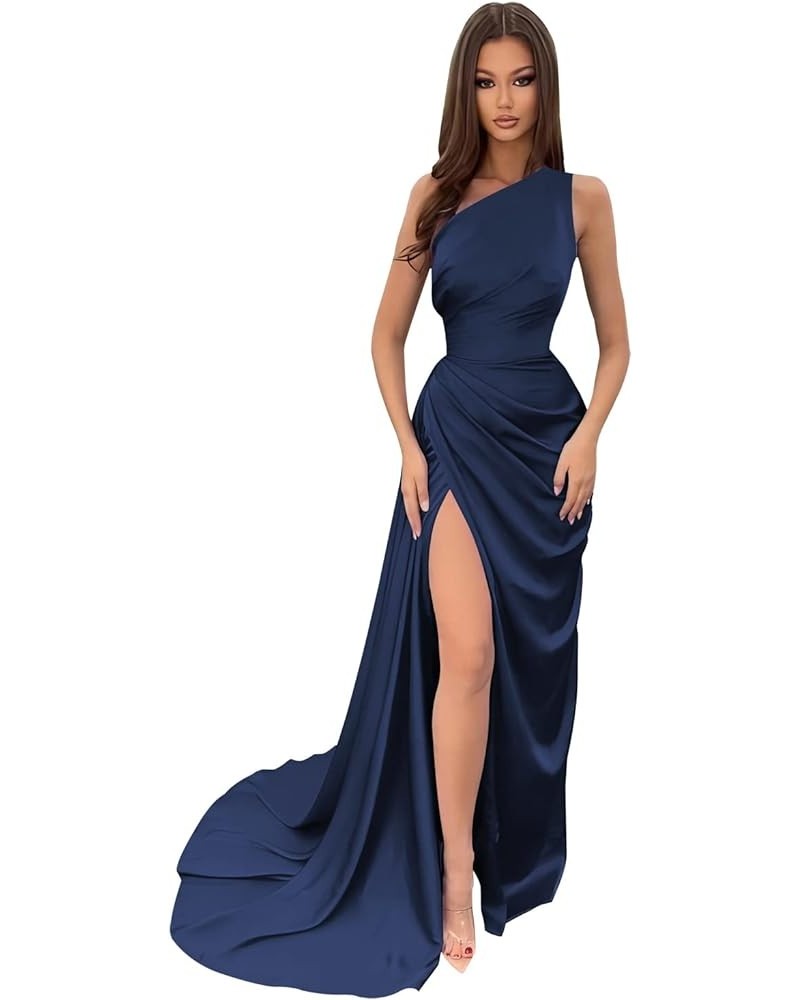 Women's One Shoulder Wrap Bridesmaid Dresses Long with Slit Pleats Satin Mermaid Formal Wedding Party Gowns YZTS083 Navy Blue...