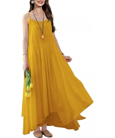 2023 Summer Dresses for Women Empire Solid Flowy Spaghetti Strap Maxi Dress Two Layers Irregular Hemline M00 Yellow $20.16 Dr...