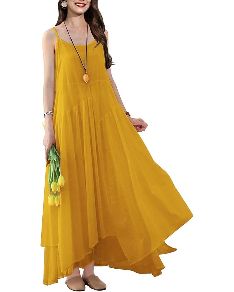 2023 Summer Dresses for Women Empire Solid Flowy Spaghetti Strap Maxi Dress Two Layers Irregular Hemline M00 Yellow $20.16 Dr...