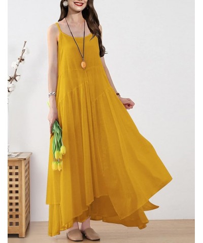 2023 Summer Dresses for Women Empire Solid Flowy Spaghetti Strap Maxi Dress Two Layers Irregular Hemline M00 Yellow $20.16 Dr...