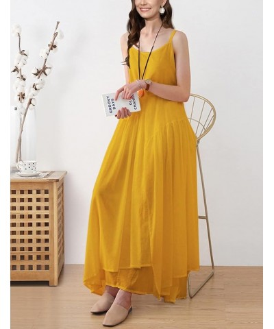 2023 Summer Dresses for Women Empire Solid Flowy Spaghetti Strap Maxi Dress Two Layers Irregular Hemline M00 Yellow $20.16 Dr...