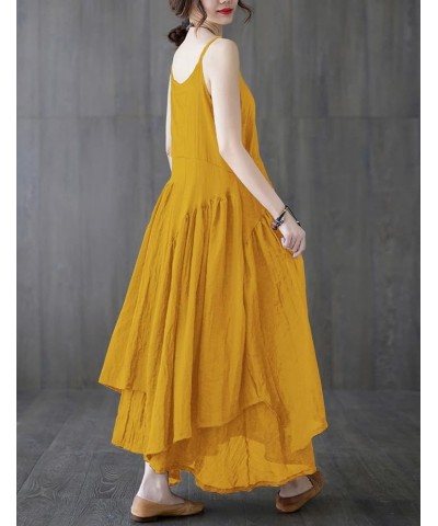 2023 Summer Dresses for Women Empire Solid Flowy Spaghetti Strap Maxi Dress Two Layers Irregular Hemline M00 Yellow $20.16 Dr...