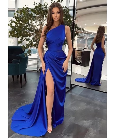 Women's One Shoulder Wrap Bridesmaid Dresses Long with Slit Pleats Satin Mermaid Formal Wedding Party Gowns YZTS083 Navy Blue...