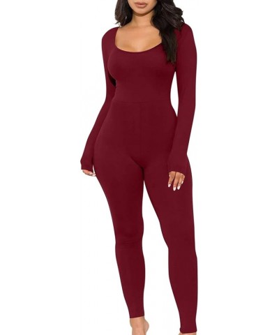 Long Sleeve Jumpsuits for Women Ribbed U Neck Casual Yoga Bodysuits Butt Lifting Tights Sexy Playsuit Shapewear 08_wine $12.0...