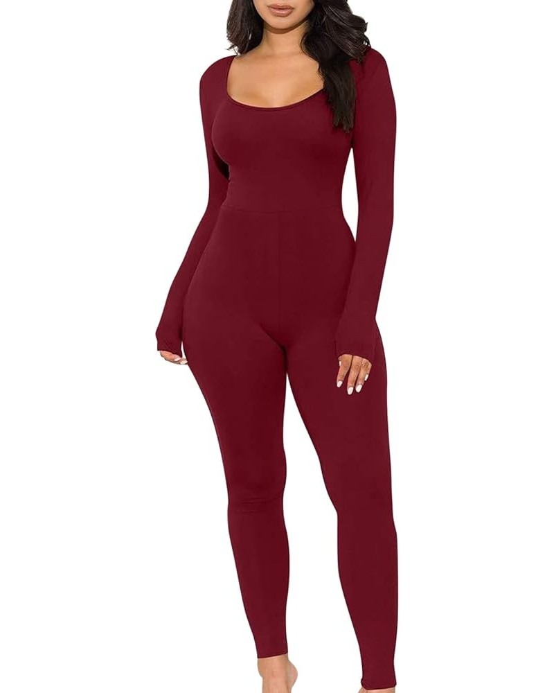 Long Sleeve Jumpsuits for Women Ribbed U Neck Casual Yoga Bodysuits Butt Lifting Tights Sexy Playsuit Shapewear 08_wine $12.0...