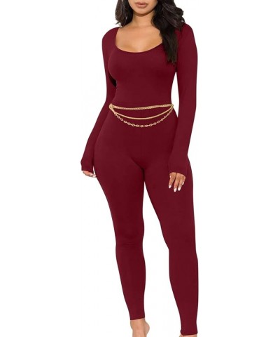 Long Sleeve Jumpsuits for Women Ribbed U Neck Casual Yoga Bodysuits Butt Lifting Tights Sexy Playsuit Shapewear 08_wine $12.0...