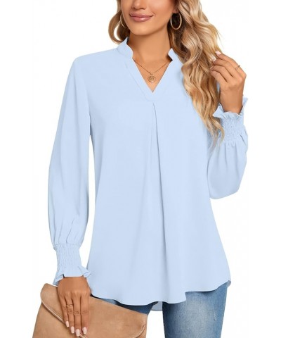 Women's 2023 Summer Casual Business T-Shirt V Neck 3/4 Sleeve Tunic Tops Swiss Dot Chiffon Blouse Work Shirts Long-light Blue...