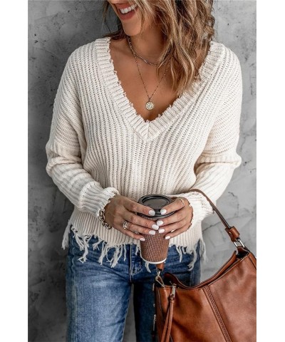 Women's Distressed Hem Frayed Crop Sweater Knitted Fringe V Neck Long Sleeve Sweatshirts Casual Loose Pullovers White $10.19 ...