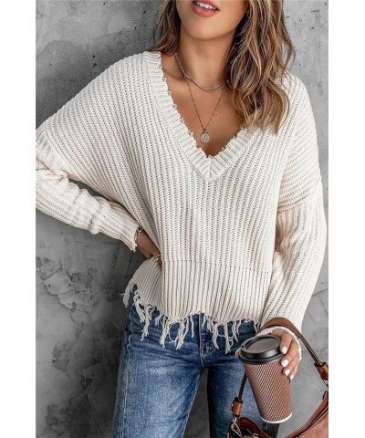 Women's Distressed Hem Frayed Crop Sweater Knitted Fringe V Neck Long Sleeve Sweatshirts Casual Loose Pullovers White $10.19 ...