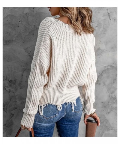 Women's Distressed Hem Frayed Crop Sweater Knitted Fringe V Neck Long Sleeve Sweatshirts Casual Loose Pullovers White $10.19 ...