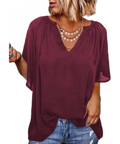 Womens Chiffon Blouses Casual Solid Bell Sleeve Shirt Loose V Neck Pleated Tunic Tops A3 Red $10.84 Blouses