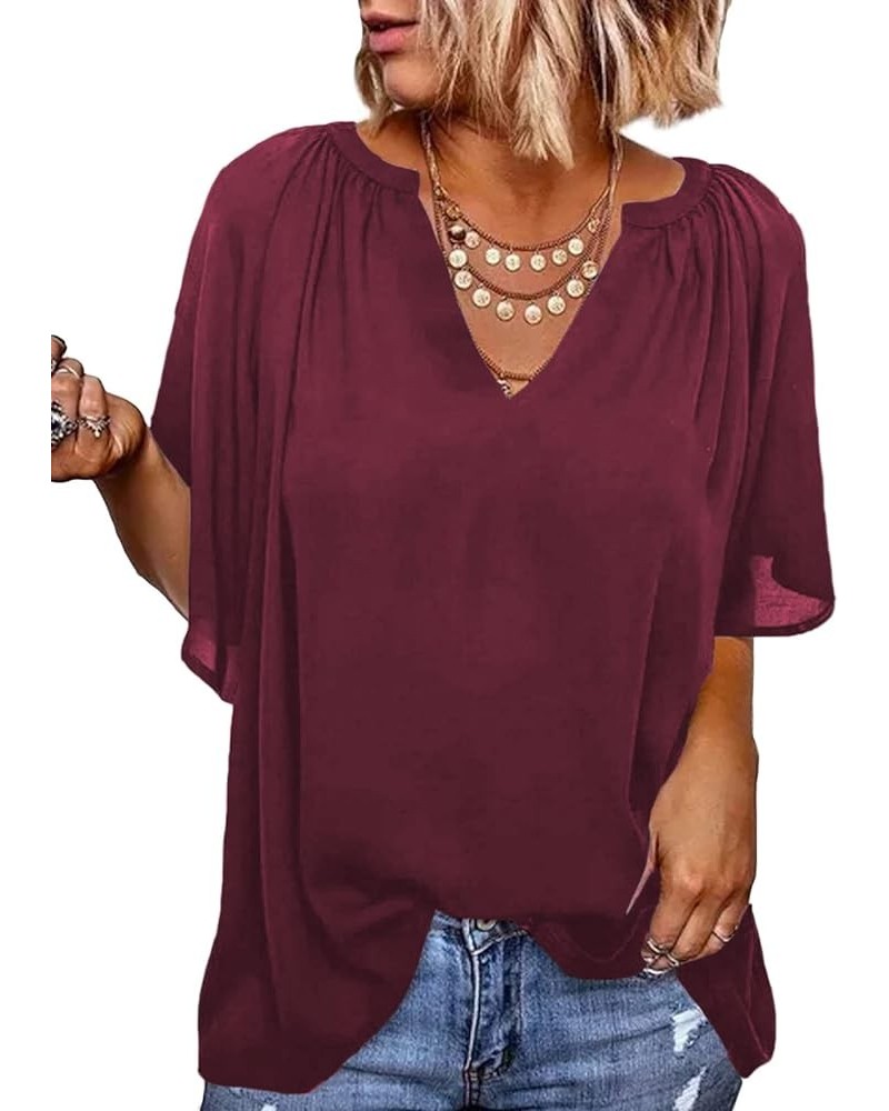 Womens Chiffon Blouses Casual Solid Bell Sleeve Shirt Loose V Neck Pleated Tunic Tops A3 Red $10.84 Blouses