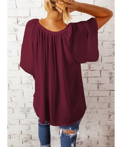 Womens Chiffon Blouses Casual Solid Bell Sleeve Shirt Loose V Neck Pleated Tunic Tops A3 Red $10.84 Blouses