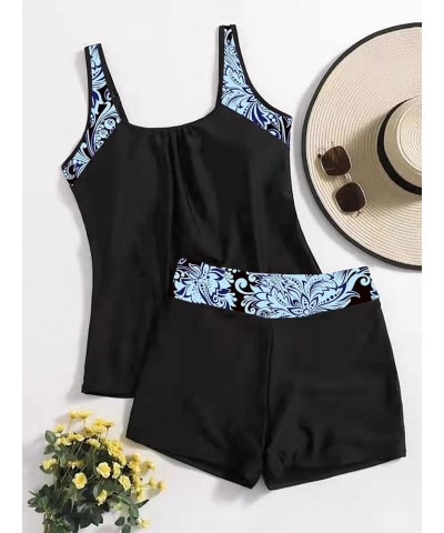 Women's Plus Size 2 Piece Boho Floral Print Tankini Swimsuit Shorts Bathing Suit Black $22.79 Swimsuits