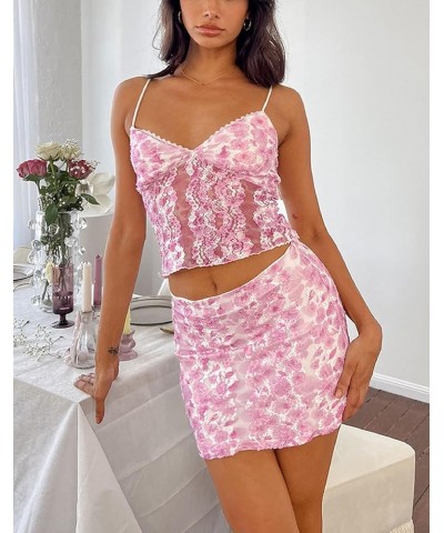 Lace Trim Two Piece Outfit for Women Sleeveless Crop Cami Top Short Mini Skirt Y2k 2 Piece Skirt Sets Beach Wear A11-pink For...