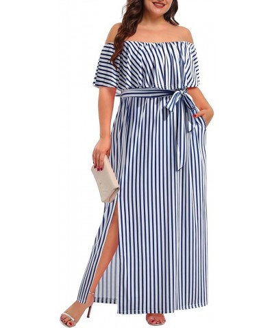 Plus Size Off The Shoulder Maxi Long Casual Beach Dress Pockets Women Blue Striped $18.90 Dresses