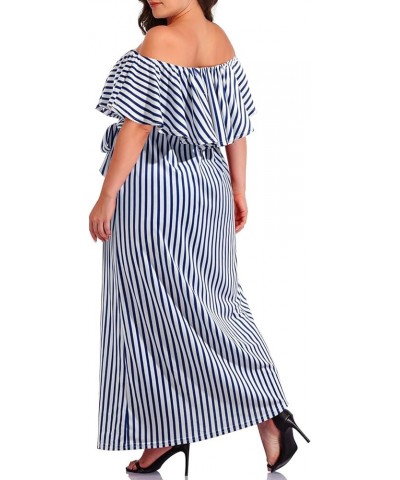 Plus Size Off The Shoulder Maxi Long Casual Beach Dress Pockets Women Blue Striped $18.90 Dresses