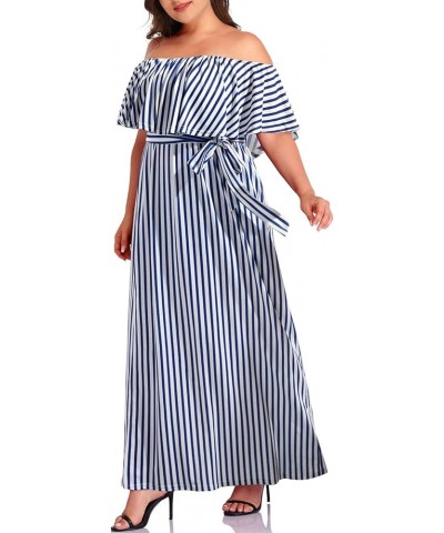 Plus Size Off The Shoulder Maxi Long Casual Beach Dress Pockets Women Blue Striped $18.90 Dresses