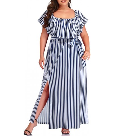 Plus Size Off The Shoulder Maxi Long Casual Beach Dress Pockets Women Blue Striped $18.90 Dresses