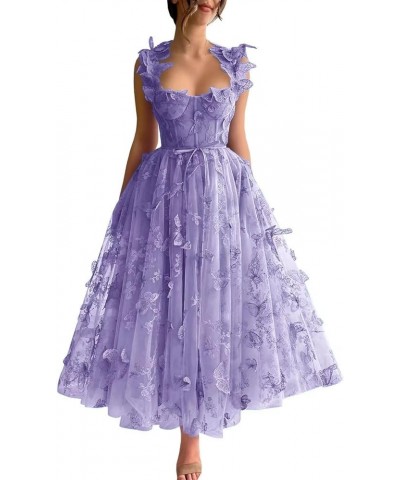 3D Butterfly Tulle Prom Dresses Tea Length Lace Applique Embroidery Formal Evening Party Gown with Pocket Lavender $30.55 Dre...