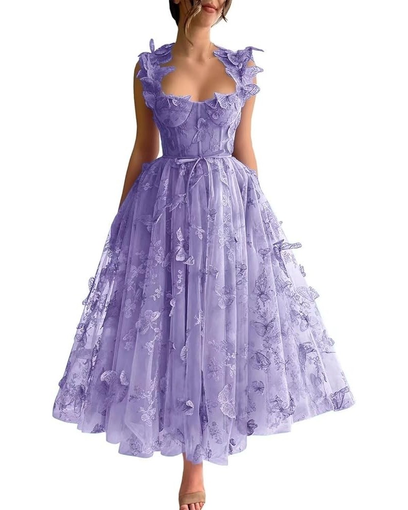 3D Butterfly Tulle Prom Dresses Tea Length Lace Applique Embroidery Formal Evening Party Gown with Pocket Lavender $30.55 Dre...