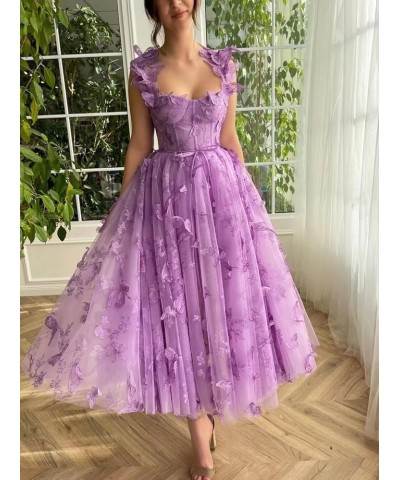 3D Butterfly Tulle Prom Dresses Tea Length Lace Applique Embroidery Formal Evening Party Gown with Pocket Lavender $30.55 Dre...