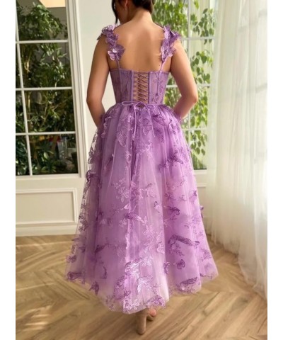 3D Butterfly Tulle Prom Dresses Tea Length Lace Applique Embroidery Formal Evening Party Gown with Pocket Lavender $30.55 Dre...