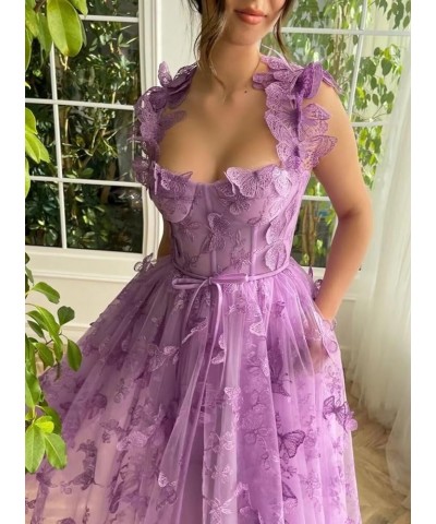 3D Butterfly Tulle Prom Dresses Tea Length Lace Applique Embroidery Formal Evening Party Gown with Pocket Lavender $30.55 Dre...