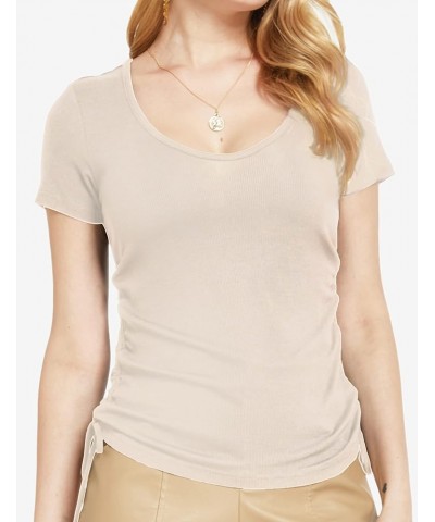 Womens Summer Tops Cute Slim Fit Short Sleeve Deep V Neck T Shirts for Women Beige $16.24 T-Shirts