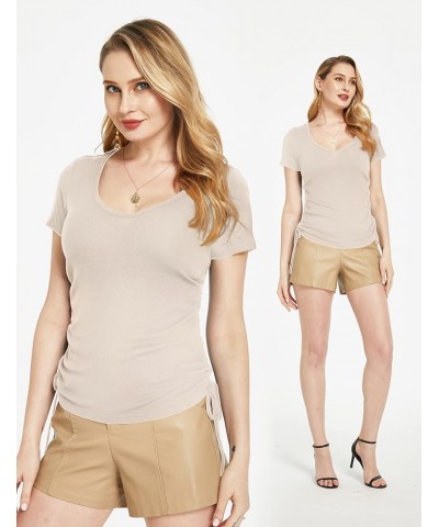 Womens Summer Tops Cute Slim Fit Short Sleeve Deep V Neck T Shirts for Women Beige $16.24 T-Shirts