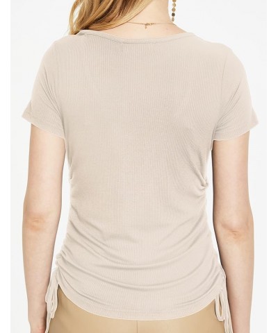 Womens Summer Tops Cute Slim Fit Short Sleeve Deep V Neck T Shirts for Women Beige $16.24 T-Shirts