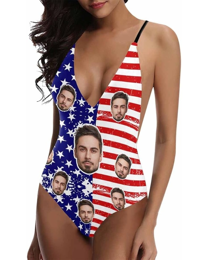 Custom Face on American Flag Sexy Women's One Piece Swimsuits Personalized Novelty Swimwear Bathing Suit S10 $15.65 Swimsuits