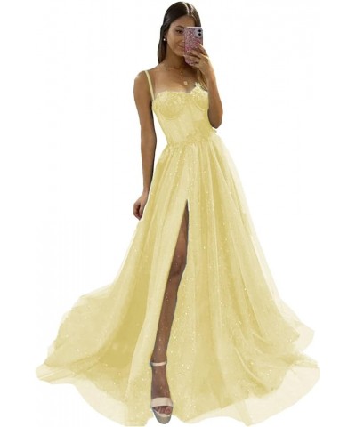 Flower Sparkly Tulle Long Prom Dresses for Teens Spaghetti Straps Sweetheart Formal Evening Ball Gown with Slit Canary $39.90...