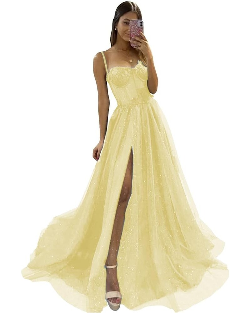 Flower Sparkly Tulle Long Prom Dresses for Teens Spaghetti Straps Sweetheart Formal Evening Ball Gown with Slit Canary $39.90...