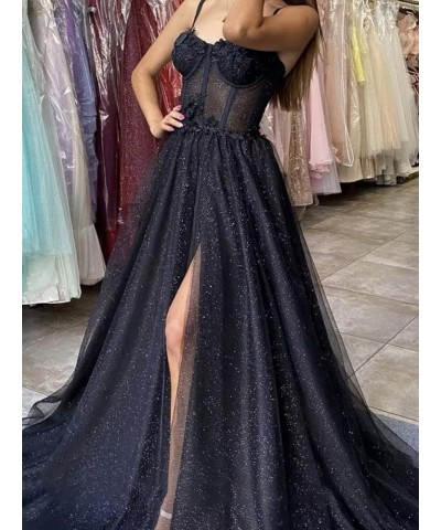 Flower Sparkly Tulle Long Prom Dresses for Teens Spaghetti Straps Sweetheart Formal Evening Ball Gown with Slit Canary $39.90...