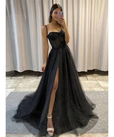 Flower Sparkly Tulle Long Prom Dresses for Teens Spaghetti Straps Sweetheart Formal Evening Ball Gown with Slit Canary $39.90...