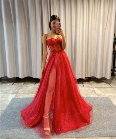 Flower Sparkly Tulle Long Prom Dresses for Teens Spaghetti Straps Sweetheart Formal Evening Ball Gown with Slit Canary $39.90...