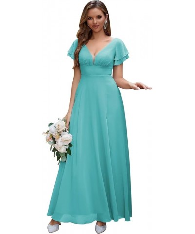 Chiffon Bridesmaid Dresses Long V Neck Formal Evening Dress with Slit Wedding Guest Dress Turquoise $22.00 Dresses