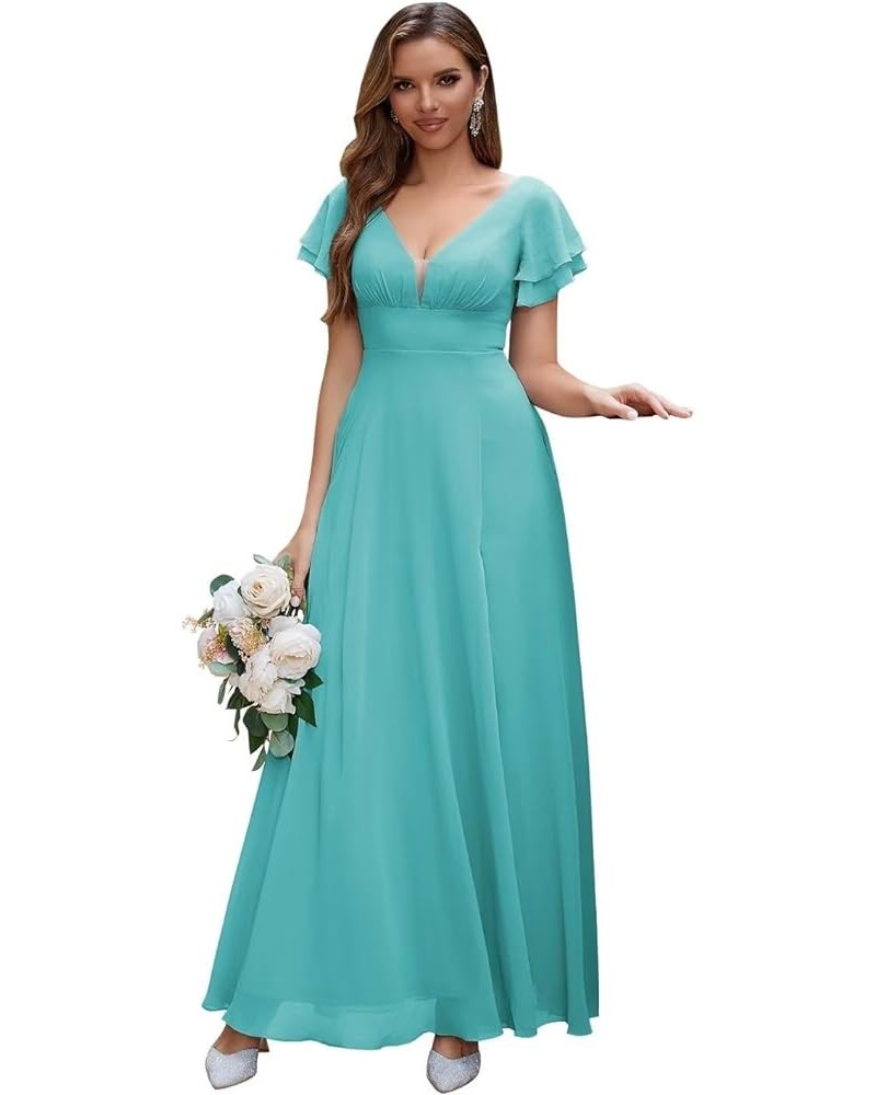 Chiffon Bridesmaid Dresses Long V Neck Formal Evening Dress with Slit Wedding Guest Dress Turquoise $22.00 Dresses