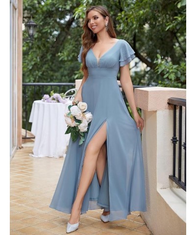 Chiffon Bridesmaid Dresses Long V Neck Formal Evening Dress with Slit Wedding Guest Dress Turquoise $22.00 Dresses