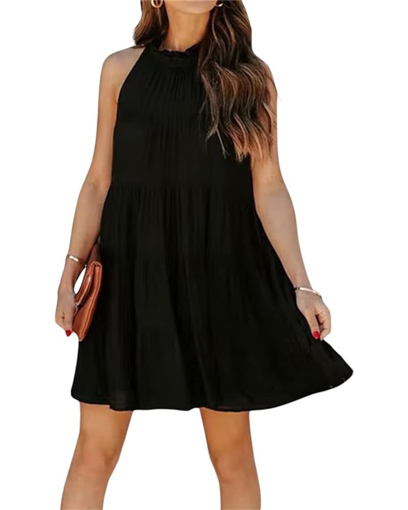 Women Sleeveless Tank Dress Halter Flowy 2024 Summer Dresses Tie Back Ruffle Ruched Casual Beach Sundresses Lacing Black $11....