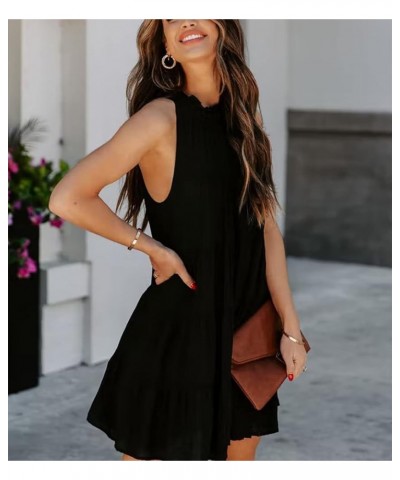 Women Sleeveless Tank Dress Halter Flowy 2024 Summer Dresses Tie Back Ruffle Ruched Casual Beach Sundresses Lacing Black $11....