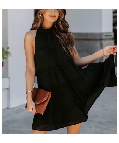 Women Sleeveless Tank Dress Halter Flowy 2024 Summer Dresses Tie Back Ruffle Ruched Casual Beach Sundresses Lacing Black $11....