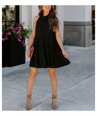 Women Sleeveless Tank Dress Halter Flowy 2024 Summer Dresses Tie Back Ruffle Ruched Casual Beach Sundresses Lacing Black $11....