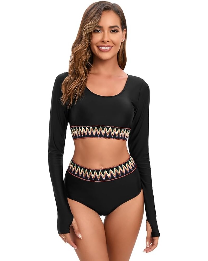 Women's One Piece Long Sleeve Swimsuit Sexy Tummy Control high Waist Rash Guard Bathing Suit Black Yellow Jaggies Line 567019...