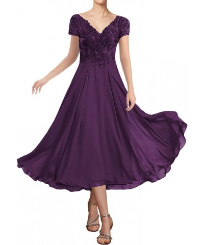 Tea Length Mother of The Bride Dresses for Wedding Lace Wedding Guest Dresses for Women Applique V Neck Short Sleeve Grape $4...