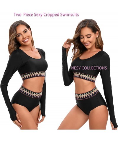 Women's One Piece Long Sleeve Swimsuit Sexy Tummy Control high Waist Rash Guard Bathing Suit Black Yellow Jaggies Line 567019...