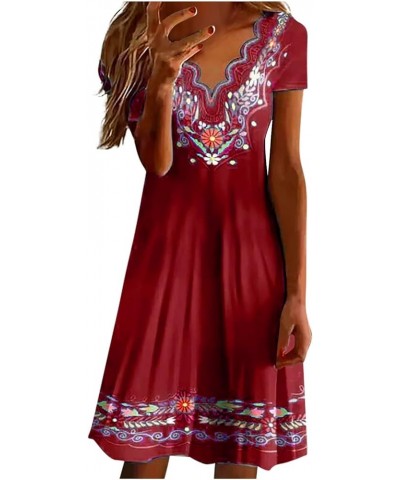 Women's Dresses 2024 Casual Summer Dresses Boho Retro V Neck Short Sleeve Beach Mini Dress, S-3XL 1-wine $8.65 Dresses