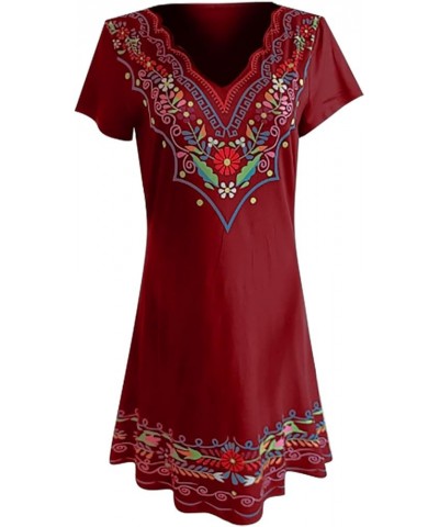 Women's Dresses 2024 Casual Summer Dresses Boho Retro V Neck Short Sleeve Beach Mini Dress, S-3XL 1-wine $8.65 Dresses